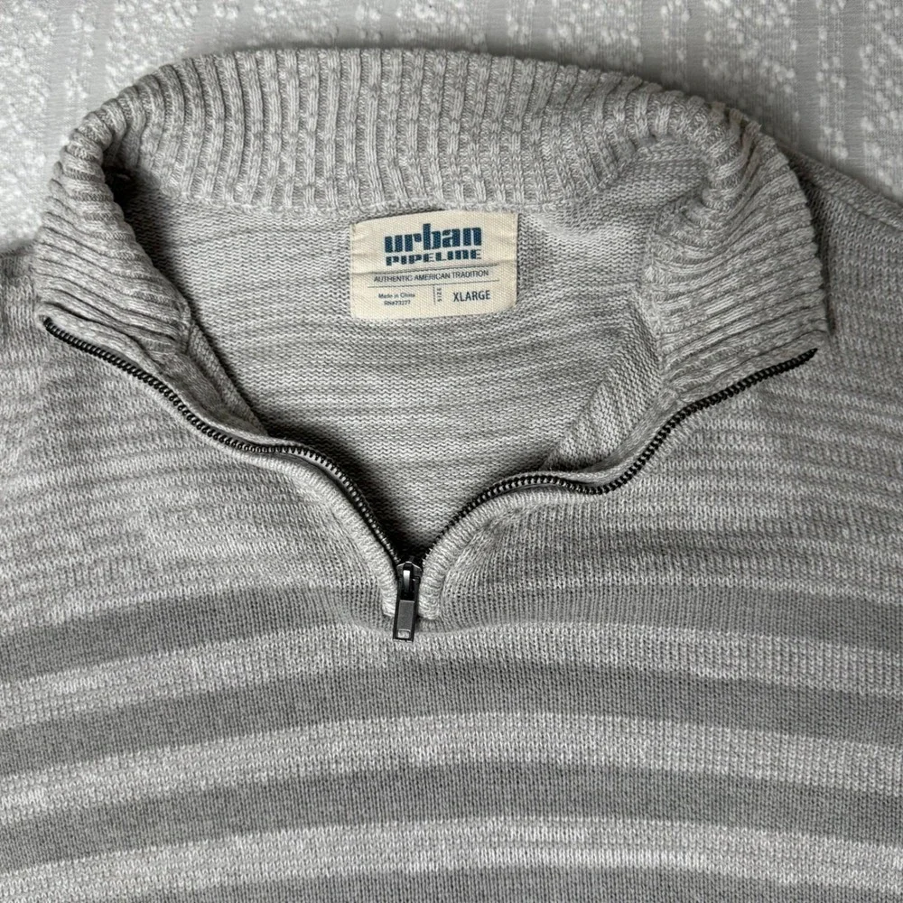 Urban Pipeline Mens 1/4 Zip Striped Old Money Sweater Size XL Gray Preppy Layers